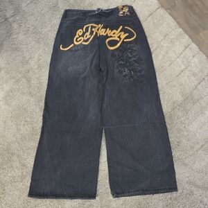 NWT Ed Hardy Death Befor Dishonor Black Wide-Leg Jeans with Gold Script